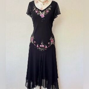 SL Fashions Black Midi Dress with Pink Floral Embroidery